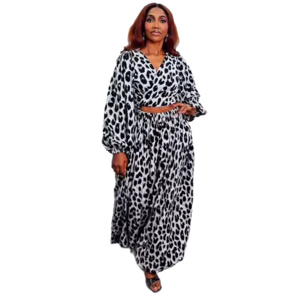 ZARA Women Leopard Print Blouse Pants Set Loose Collar Slim Fit Tie Waist